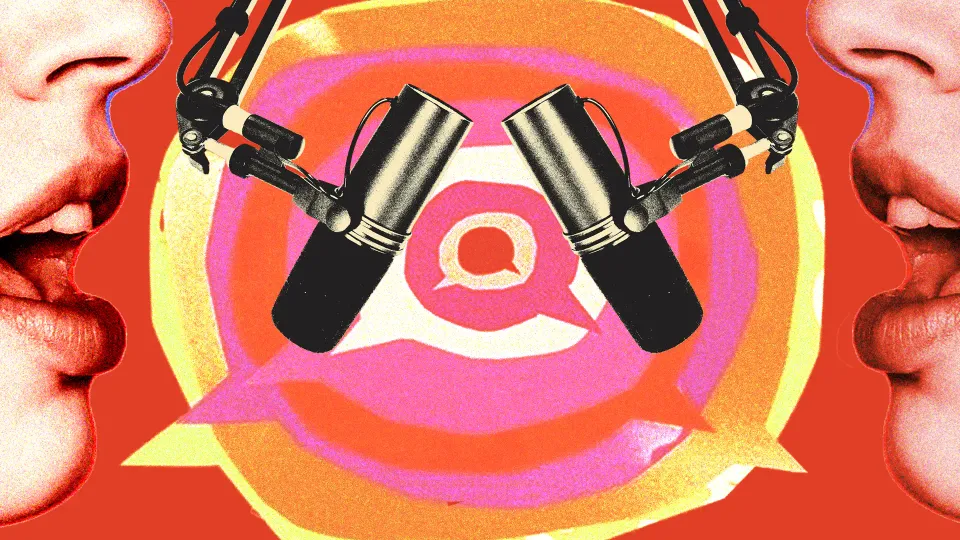 A creative with mouths talking into mics to show how podcasts in India are gaining popularity, whether it's celebrity podcasts India, Bollywood podcasts, YouTube podcasts India or any video podcasts India that fit into the podcast culture India, which is soon replacing talk shows in India with podcast monetisation India