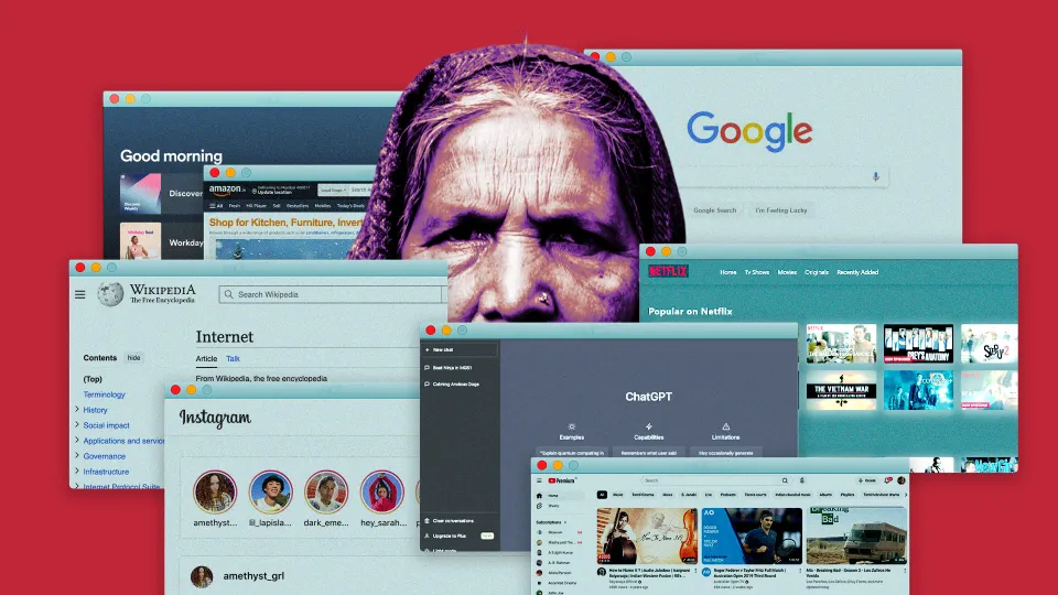 A collage of a woman's cutout with cutouts of search domain's cutouts