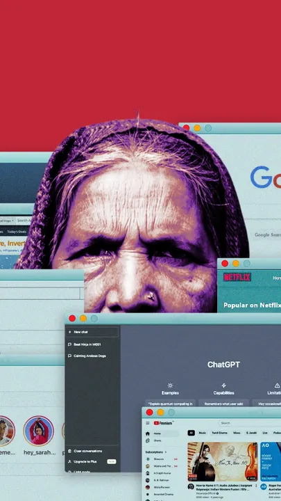 A collage of a cutout of an old woman's face and several search domains