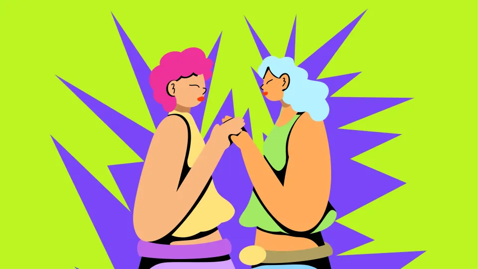 A sketch of two women holding hands to show how one can show up to ensure queer safety in India given that queer violence in India and violation of queer rights in India is still common despite the decriminalisation of Section 377 India