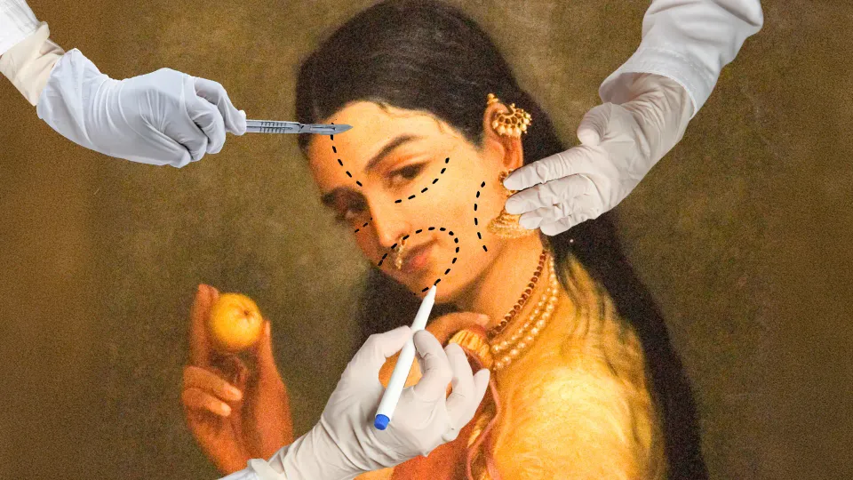 A picture of a woman's face with cutouts of doctor's hands with cosmetic work tools in their hands