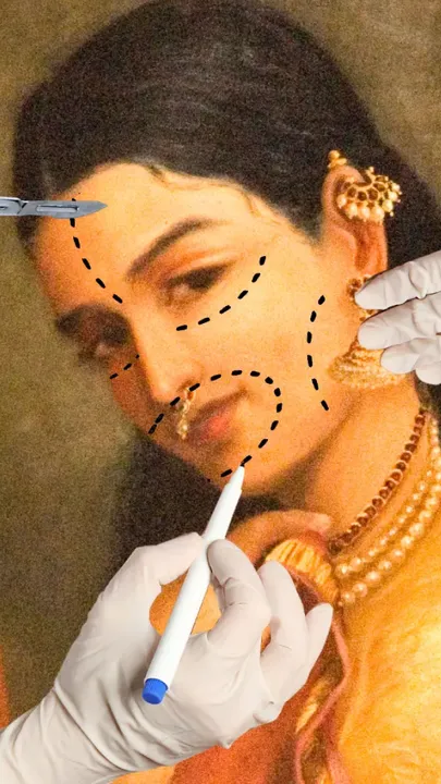 A woman's face with cosmetic work tools