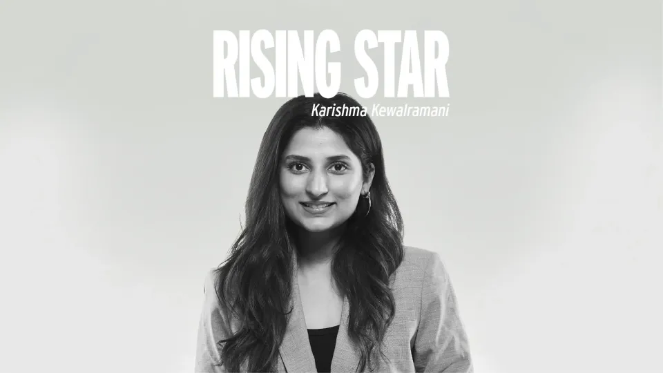 A black and white image of Karishma Kewalramani from FAE Beauty