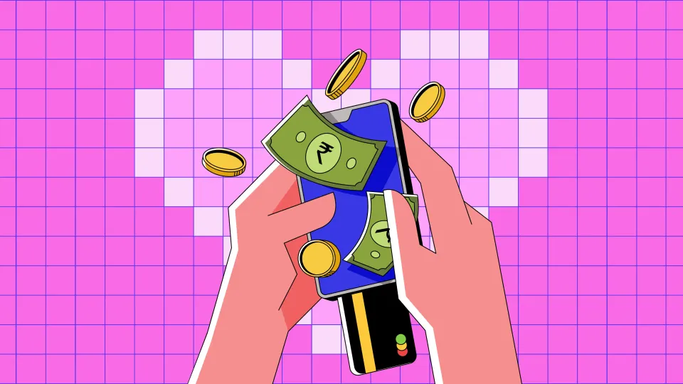 A graphical creative of money, credit card and a pink heart in the background