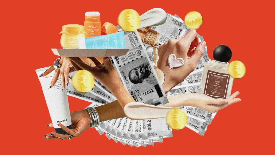 A collage of money notes, and beauty products, reflecting beauty funding in India