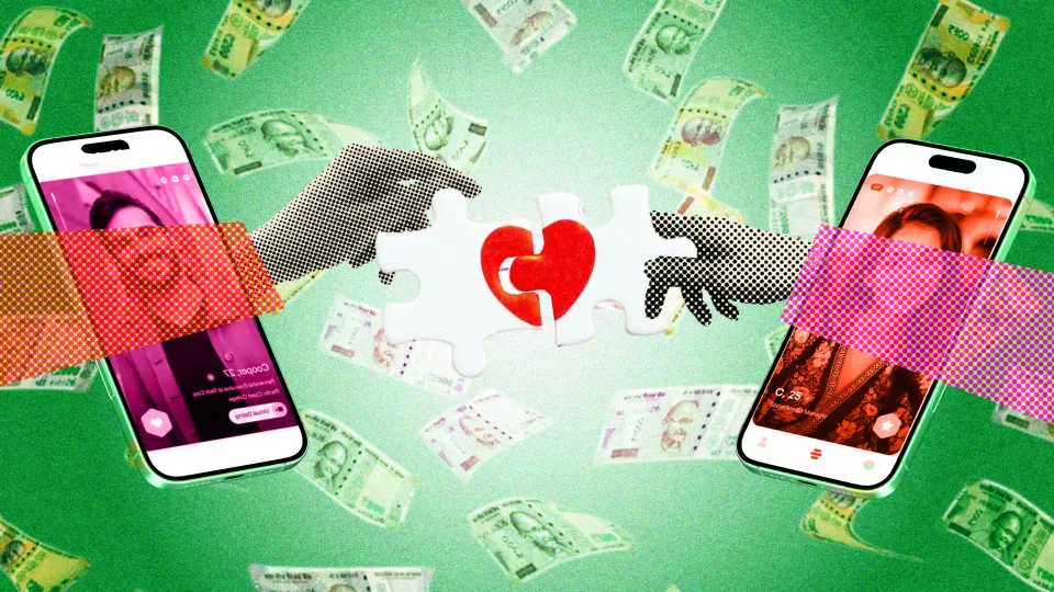 A visual comprising two hands emerging from phones with dating profiles displayed on screens to show how arranged marriage in India is making comeback in India via modern matchmaking in India and matchmakers in India thanks to dating app fatigue