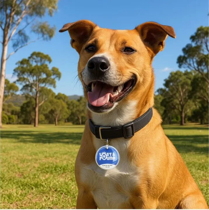 Dog wearing a smart QR/NFC ID tag on its collar in an Australian park.
