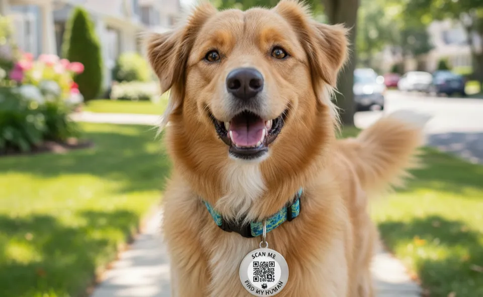 A dog wearing a QR code pet tag in an Australian neighbourhood