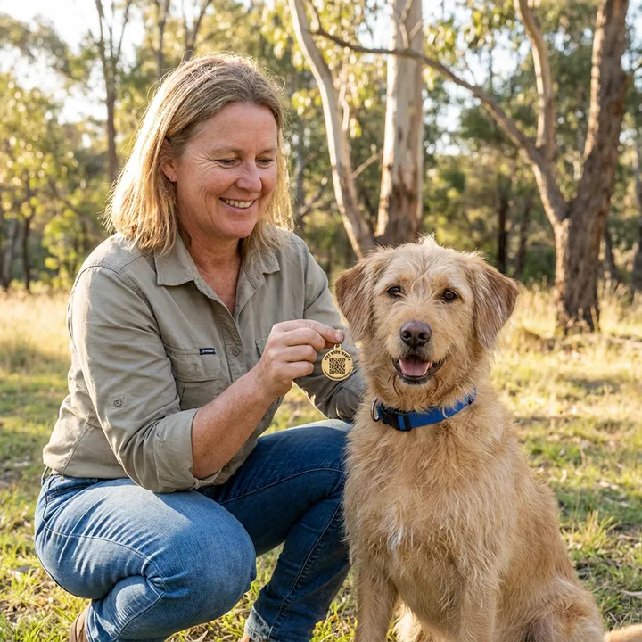 Australian pet owner with dog examining modern QR smart tag in park setting