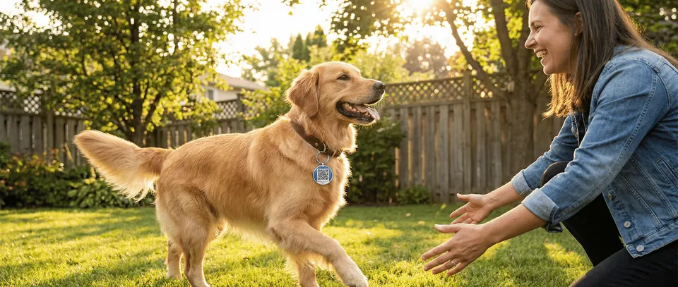  Happy dog wearing smart tag reuniting with owner in sunny backyard, pet safety concept 
