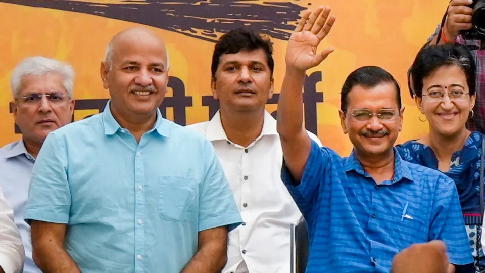 Delhi Chief Minister Arvind Kejriwal with former deputy chief minister Manish Sisodia and Delhi ministers Kailash Gahlot, Saurabh Bharadwaj and Atishi during AAP workers' meeting, in New Delhi, Sunday, Sept. 15, 2024.