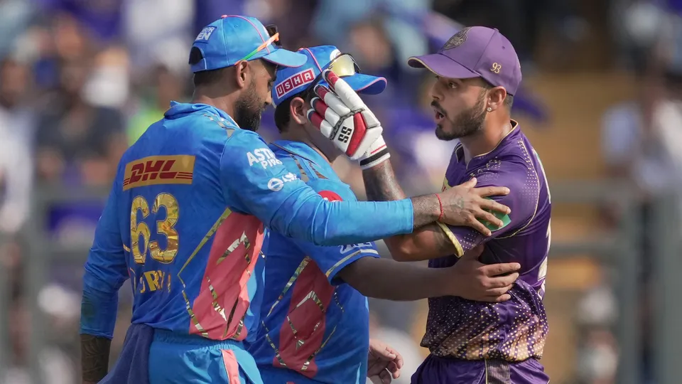 Nitish Rana leaves the field after his dismissal during the IPL 2023 cricket match between Kolkata Knight Riders and Mumbai Indians at Wankhede Stadium on April 16