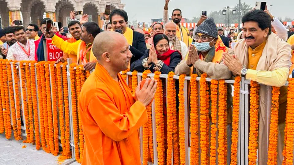 Uttar Pradesh Chief Minister Yogi Adiyanath arrives at the Ram Mandir ahead of the consecration ceremony, in Ayodhya Monday