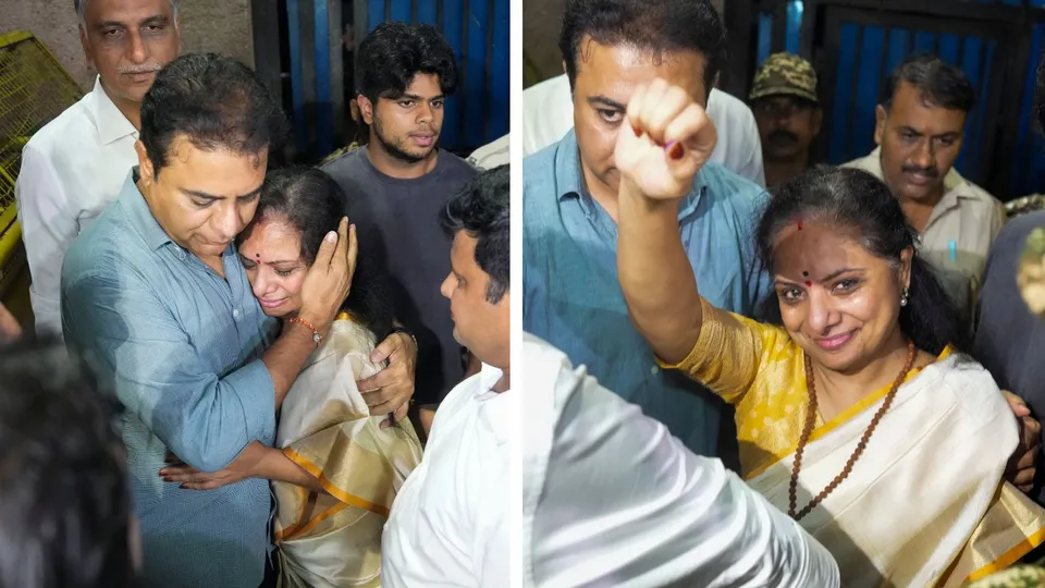 BRS leader K Kavitha displays her fist as she walks out of Tihar Jail after the Supreme Court granted her bail in the excise policy case, in New Delhi, Tuesday, Aug. 27, 2024.