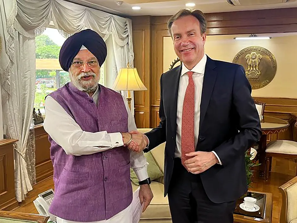 Union Minister for Housing and Urban Affairs Hardeep Singh Puri during a meeting with World Economic Forum President Borge Brende, in New Delhi
