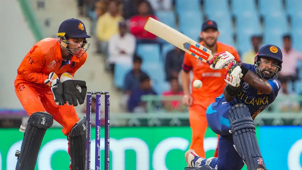 Sri Lanka's Charith Asalanka plays a shot during the ICC Men's Cricket World Cup 2023 match between Sri Lanka and Netherlands, at Bharat Ratna Shri Atal Bihari Vajpayee Ekana Cricket Stadium, in Lucknow, Saturday, Oct. 21, 2023.