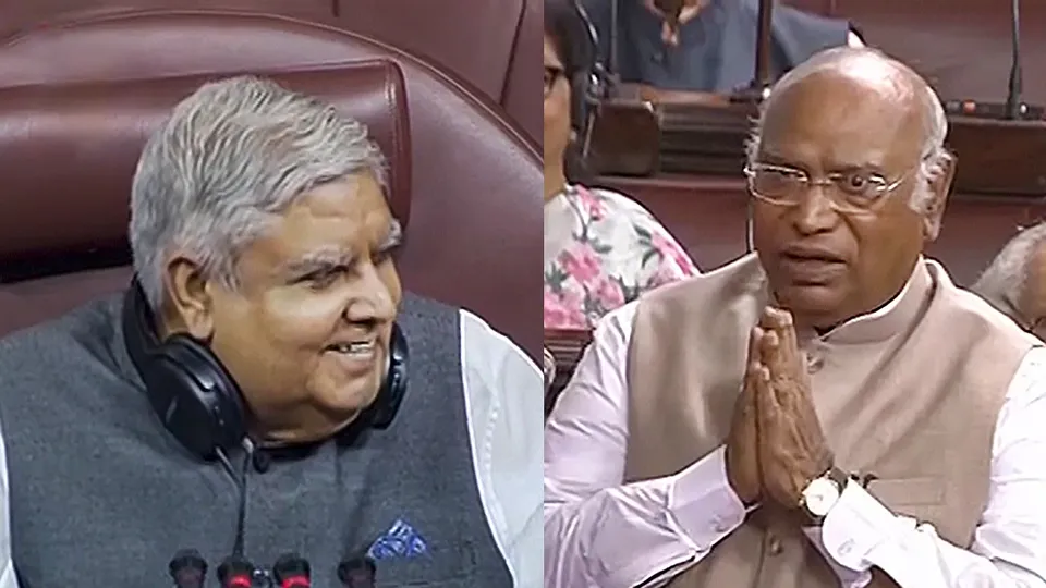 Leader of Opposition in the Rajya Sabha Mallikarjun Kharge speaks as Chairman Jagdeep Dhankhar conducts proceedings in the House