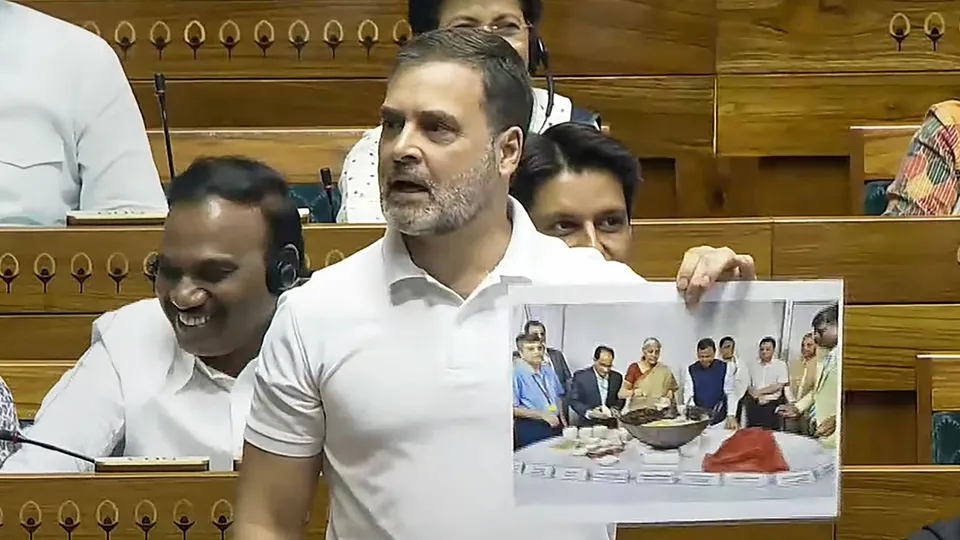 Leader of Opposition in the Lok Sabha Rahul Gandhi speaks in the House during the Monsoon session of Parliament, in New Delhi, Monday, July 29, 2024.