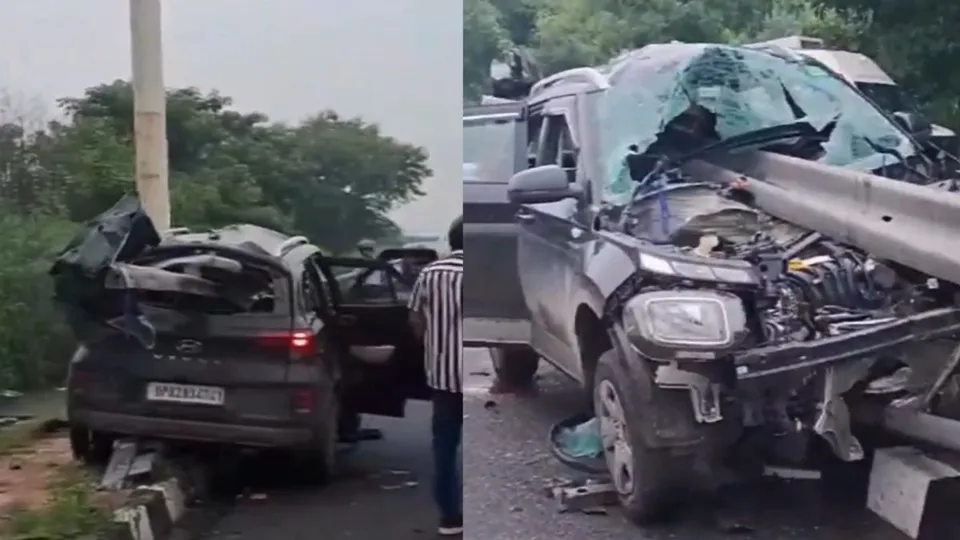 A SUV crashed into a guardrail that pierced through the middle of the vehicle near Rajghat in north Delhi on Thursday