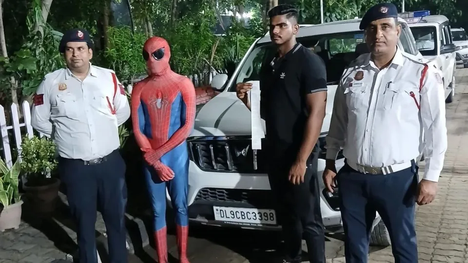 Delhi Police arrested Spider-Man and the driver of the vehicle over dangerous driving