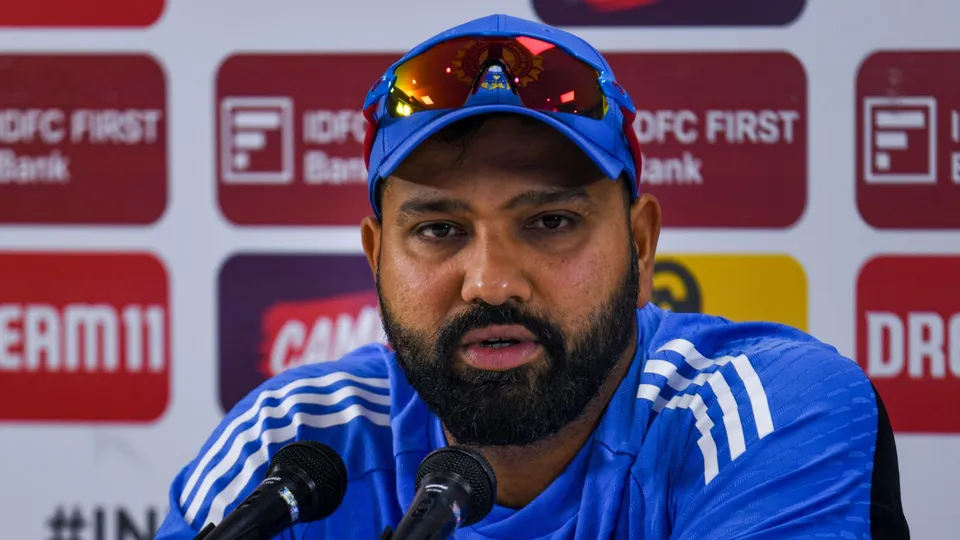 Indian captain Rohit Sharma addresses a press conference ahead of the first Test cricket match against New Zealand, at M Chinnaswamy Stadium in Bengaluru, Karnataka, Tuesday, Oct. 15, 2024.