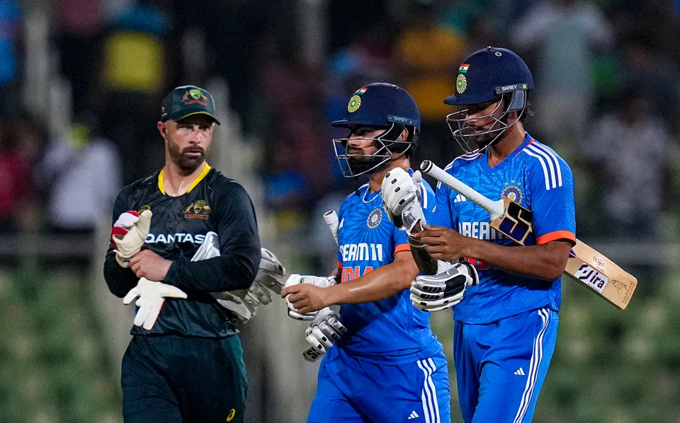 India's Tilak Varma and Rinku Singh during the second T20 International cricket match of a T20I series between India and Australia
