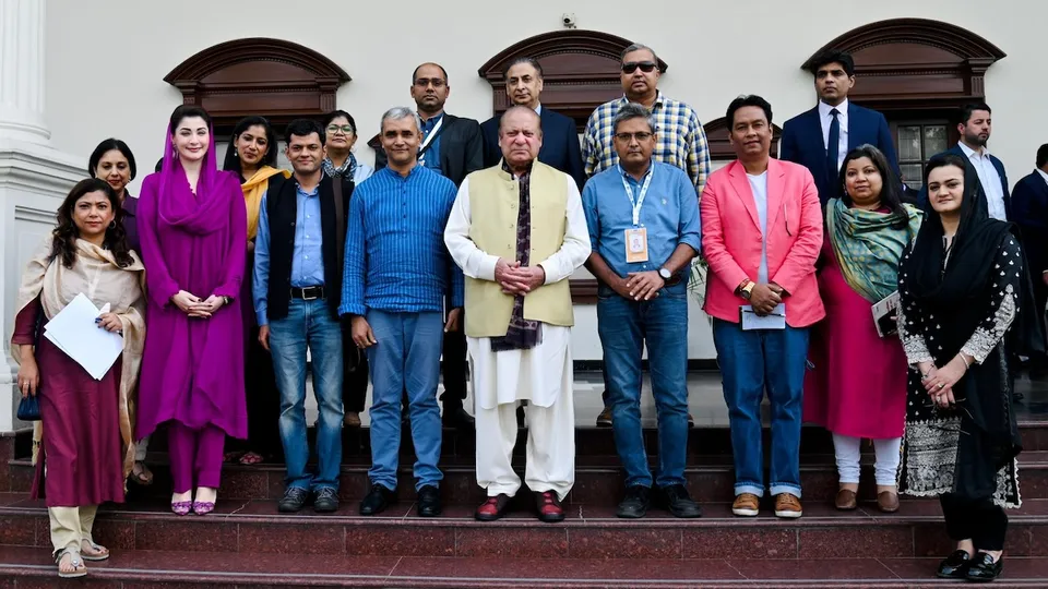 Mariam Nawaz and Nawaz Sharif with Indian journalists in Lahore on Thursday, October 17, 2024.