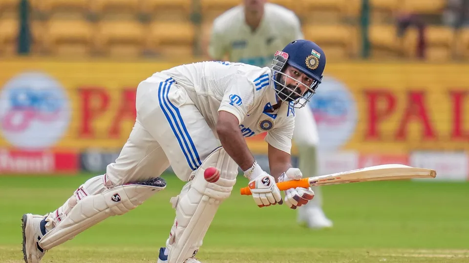 Rishabh Pant plays a shot during the fourth day of the first test cricket match between India and New Zealand at M Chinnaswamy Stadium, in Bengaluru, Saturday, Oct 19, 2024.