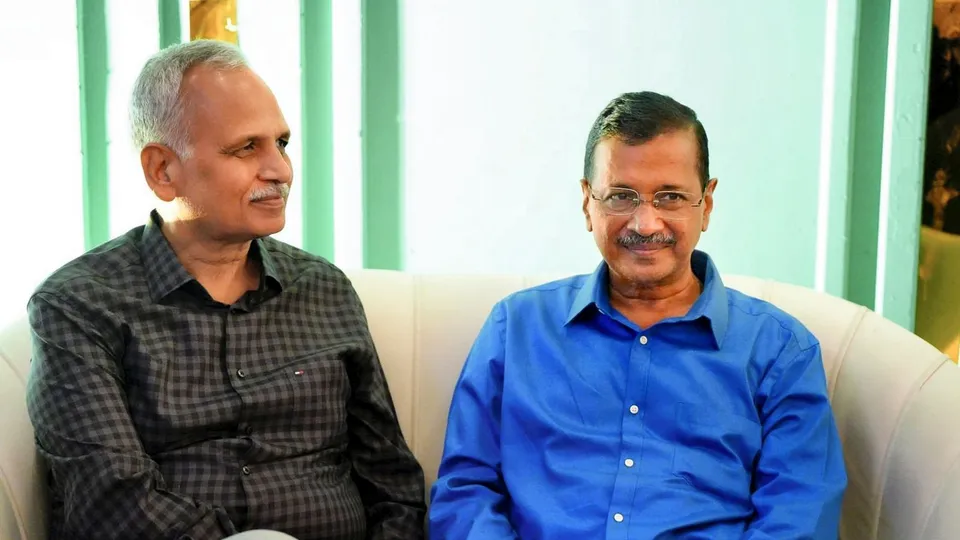AAP national convenor Arvind Kejriwal meets former Delhi Minister Satyendar Jain after the latter was released on bail, in New Delhi.