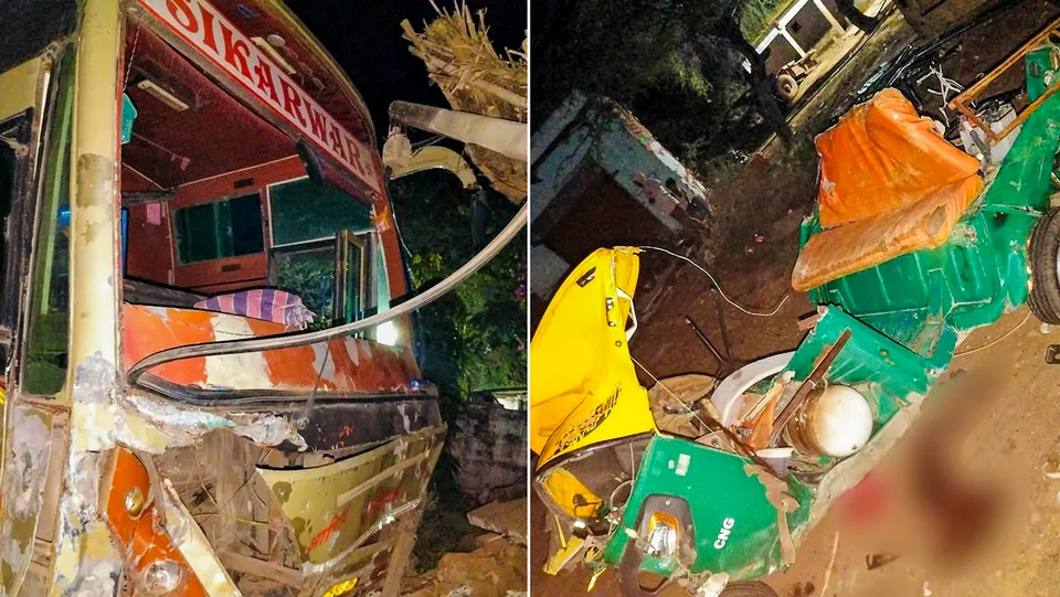 The combo of pictures show the wreckage of the vehicles after a collision between a bus and an auto rickshaw, in Dholpur, Rajasthan, late Saturday night, Oct 19, 2024.