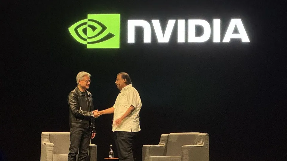 Reliance Industries's Mukesh Ambani in a conversation with Nvidia CEO Jensen Huang