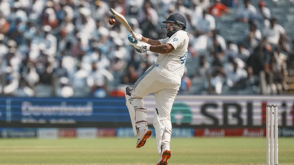India's captain Rohit Sharma plays a shot on the third day of the second test cricket match between India and New Zealand, at the Maharashtra Cricket Association Stadium, in Pune, Saturday, Oct. 26, 2024.