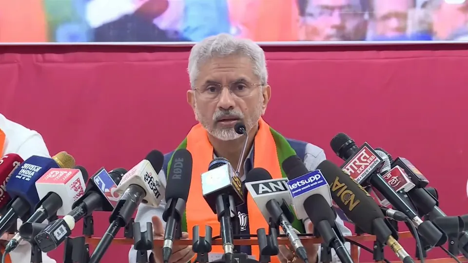 External Affairs Minister S Jaishankar addressing a press conference in Mumbai