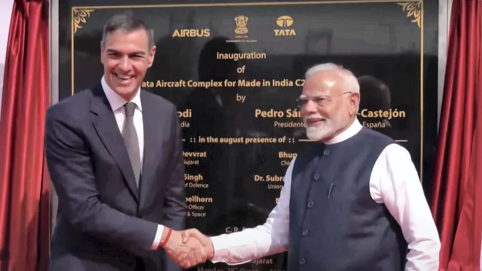 Prime Minister Narendra Modi and Spanish Prime Minister Pedro Sanchez at the inauguration of the TATA Aircraft Complex, in Vadodara, Gujarat, Monday, Oct. 28, 2024.