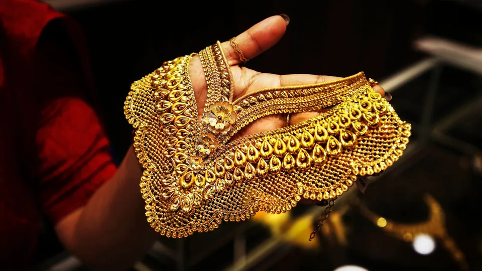 A Gold necklace displayed at a jewellery showroom ahead of Dhanteras festival, Friday, Oct 25, 2024.