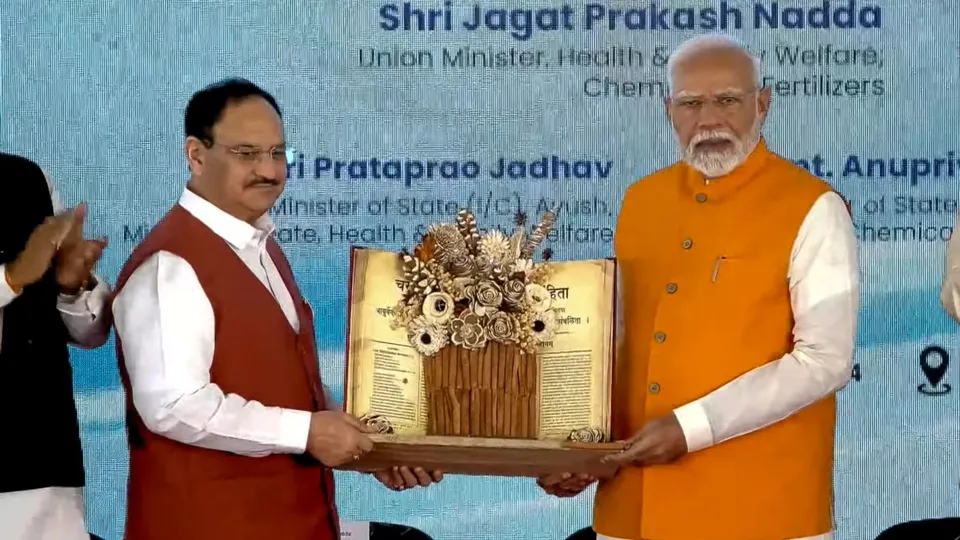 Prime Minister Narendra Modi with Union Minister JP Nadda at the launch, inauguration and foundation stone laying of multiple projects, at All India Institute of Ayurveda (AIIA) in New Delhi, Tuesday, Oct. 29, 2024.