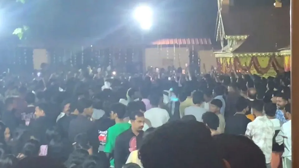 People at the site of a fireworks accident that took place during a temple festival near Neeleswaram, in Kasargod, late Monday, Oct. 28, 2024