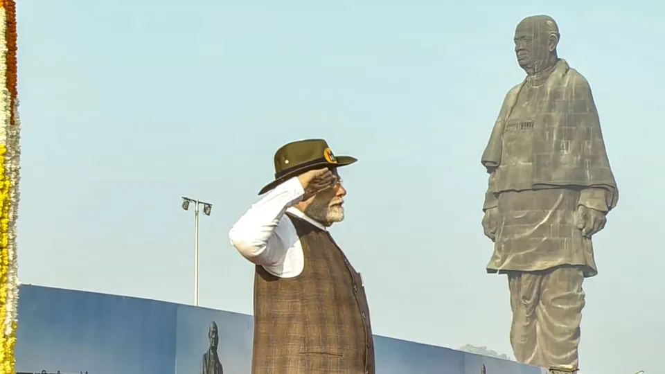 Prime Minister Narendra Modi takes salute of the Ekta Diwas Parade at the Statue of Unity on the occasion Sardar Vallabhbhai Patel's birth anniversary, in Kevadia, Thursday, Oct. 31, 2024