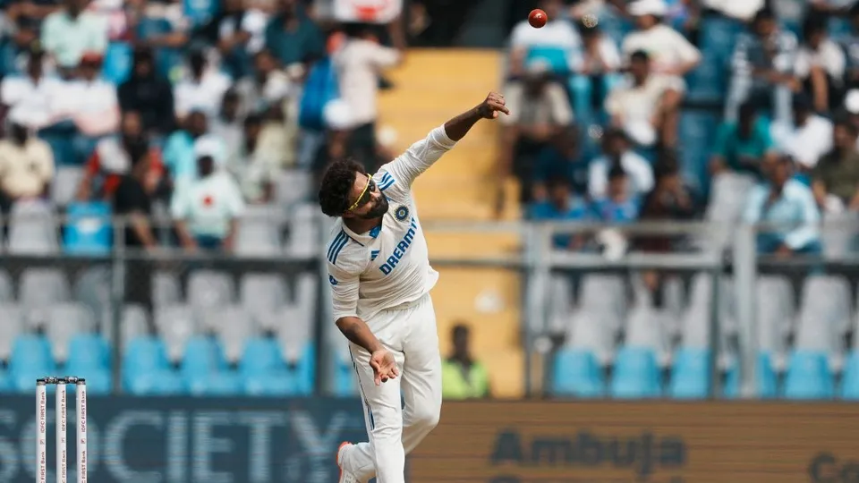India's Ravindra Jadeja bowls during the first day of the third Test cricket match between India and New Zealand, at Wankhede Stadium, in Mumbai, Friday, Nov. 1, 2024.
