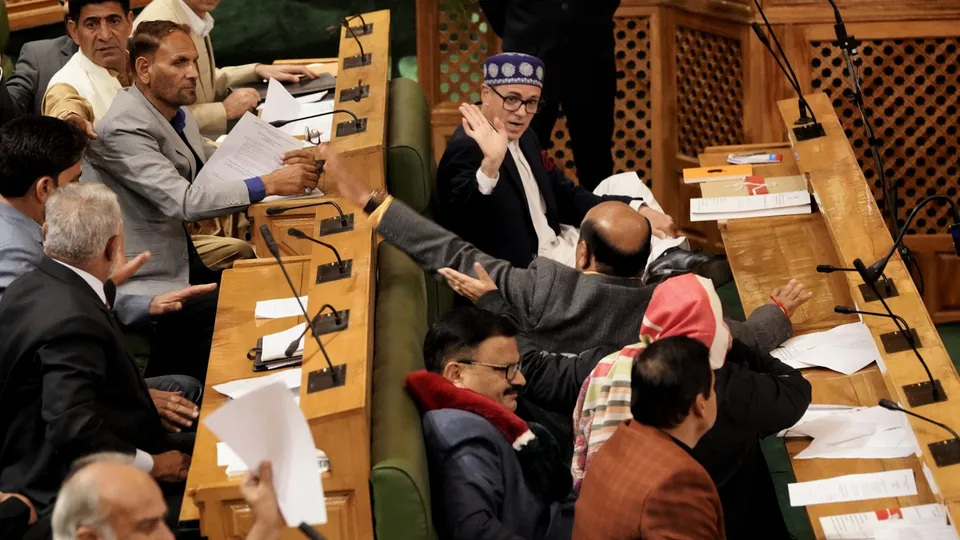 Jammu and Kashmir Chief Minister Omer Abdullah reacts after Dy CM Surinder Choudhary moved a resolution in the Assembly asking Centre to hold dialogue with MLAs for restoration of Article 370, in Srinagar, Wednesday, Nov. 6, 2024.