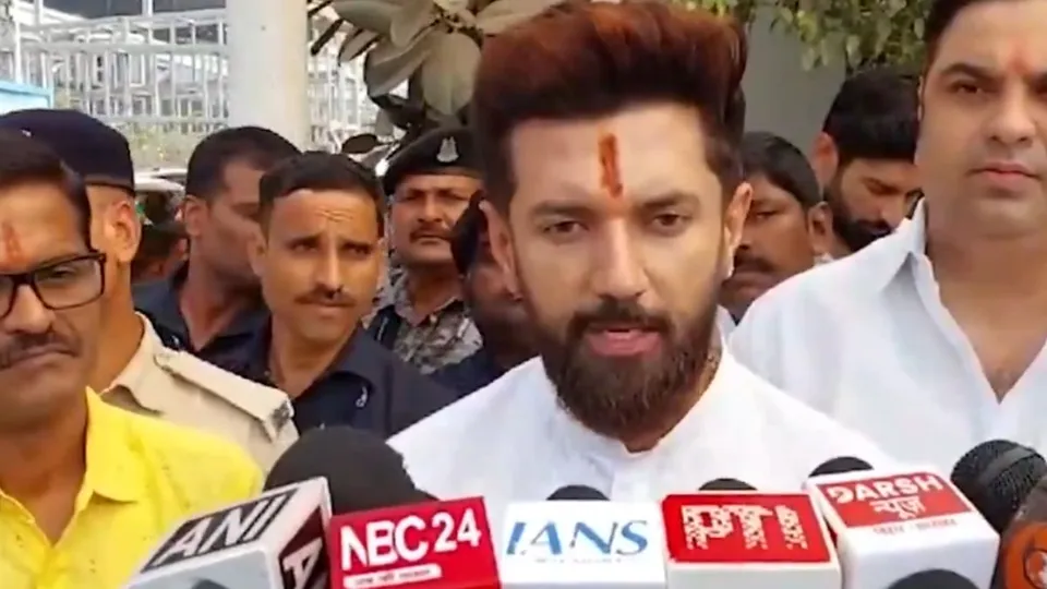 Union minister Chirag Paswan talking to reporters