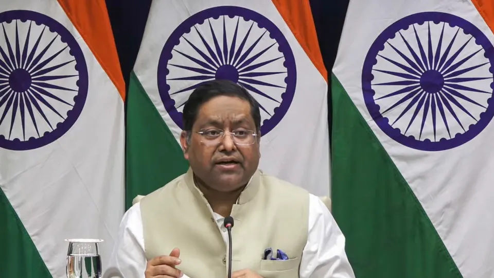 Randhir Jaiswal, Official Spokesperson of the Ministry of External Affairs, speaks during the weekly media briefing, in Delhi, Thursday, Nov. 7, 2024
