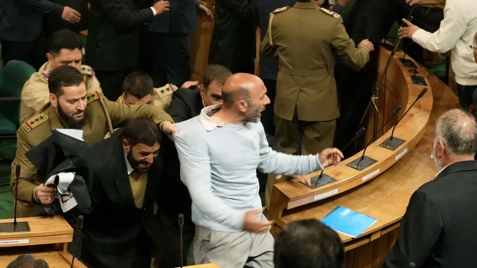 Ruckus in J-K Assembly as opposition MLAs raise slogans in protest over the special status resolution, in Srinagar, Friday, Nov. 8, 2024.