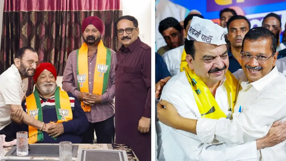 (Left) Delhi BJP President Virendra Sachdeva with Harsharan Singh Balli and his son Gurmeet Singh 'Rinku' Balli as they join BJP, (Right) 5-time Congress MLA Chaudhary Mateen Ahmed joins AAP in presence of AAP National Convenor Arvind Kejriwal, in New Delhi, Sunday, Nov. 10, 2 024.