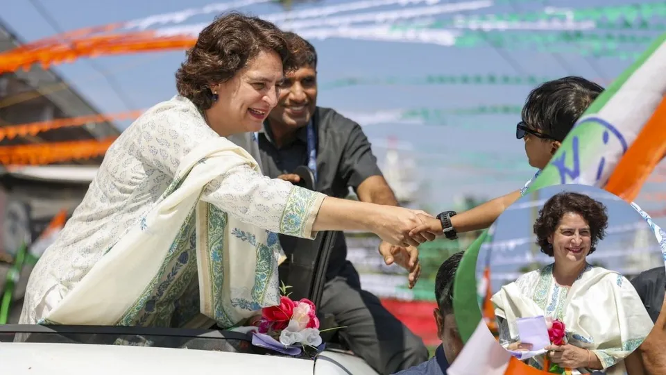 Congress candidate Priyanka Gandhi Vadra during a roadshow for Wayanad Lok Sabha seat by-polls, at Mananthavady in Wayanad district, Kerala, Sunday, Nov. 10, 2024