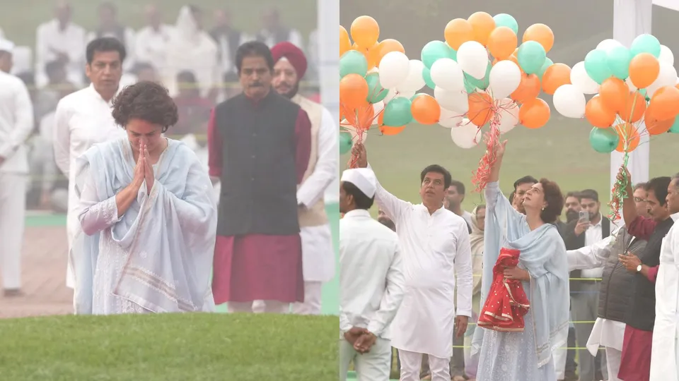 Congress leader Priyanka Gandhi Vadra pays tribute to India's first prime minister Jawaharlal Nehru on his birth anniversary, at Shanti Van in New Delhi, Thursday, Nov 14, 2024.