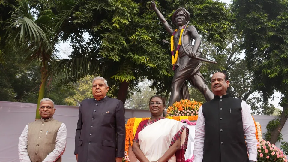 President Droupadi Murmu, Vice President Jagdeep Dhankhar and Lok Sabha Speaker Speaker Om Birla during a ceremony to pay tribute to freedom fighter Birsa Munda on his birth anniversary, commemorated as Janjatiya Gaurav Diwas, in New Delhi, Friday, Nov. 15, 2024