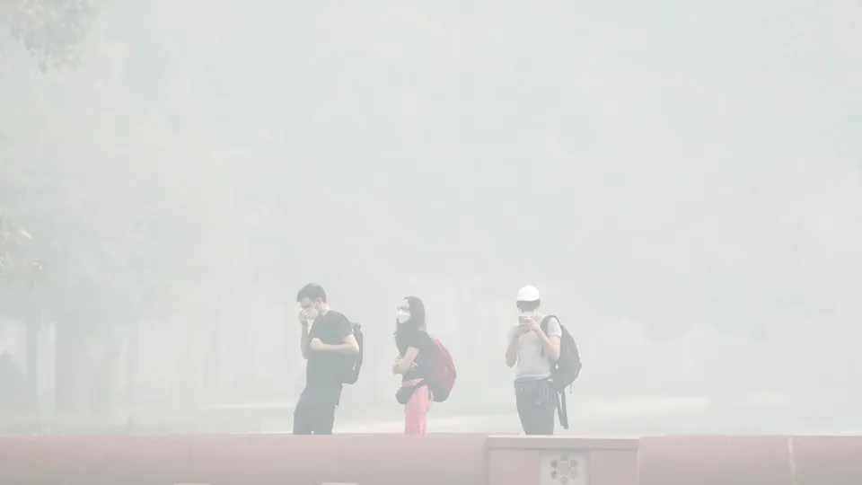 Visitors stroll through the lawns of the Kartavya Path during smog, in New Delhi, Sunday, Nov. 17, 2024.