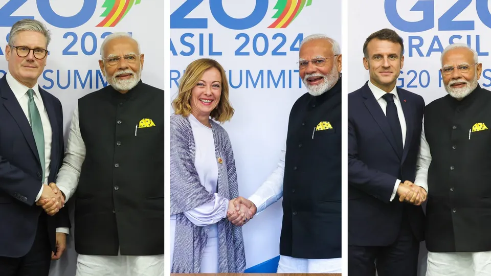 Prime Minister Narendra Modi during a bilateral meeting with Keir Starmer, Giorgia Meloni and Emmanuel Macron on the sidelines of the G20 Summit, in Rio de Janeiro, Monday, Nov. 18, 2024.