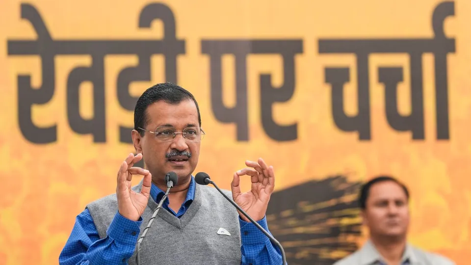 Former Delhi chief minister and AAP National Convener Arvind Kejriwal addresses the gathering during the launch of 'Revdi Par Charcha' campaign ahead of Delhi Assembly elections, in New Delhi, Friday, Nov. 22, 2024.